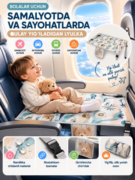 Gamak, samolyot uchun bolalar yotog‘i, sayohat uchun yig‘iladigan lyulka - 