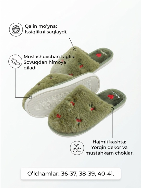 Ayollar va qizlar uchun issiq mo‘ynali uy shippaklari - 