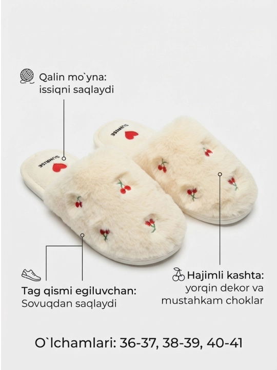 Ayollar va qizlar uchun issiq mo‘ynali uy shippaklari - 