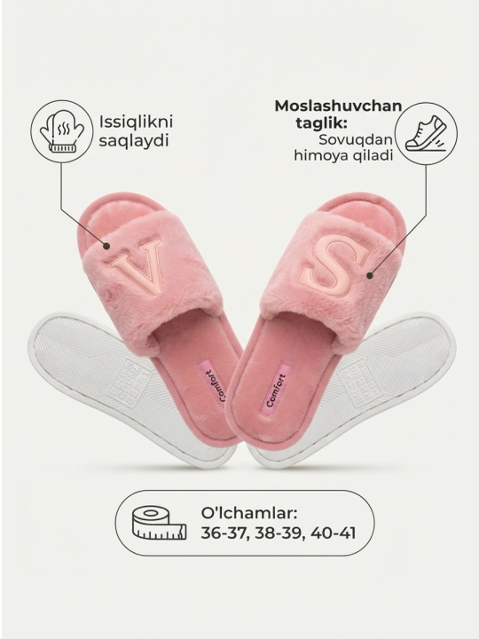 Ayollar va qizlar uchun issiq mo‘ynali uy shippaklari