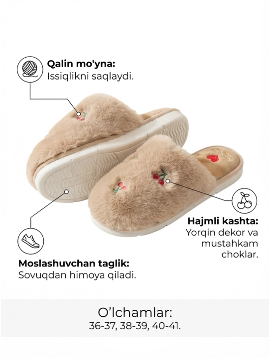 Ayollar va qizlar uchun issiq mo‘ynali uy shippaklari