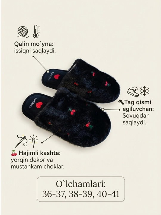 Ayollar va qizlar uchun issiq mo‘ynali uy shippaklari - 