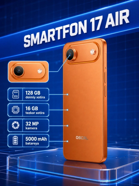 Смартфон 17 Air oscal flat 3C, 16ГБ Ram 128ГБ Rom, Экран 6.56", 5000 мАч, Android 16 - 