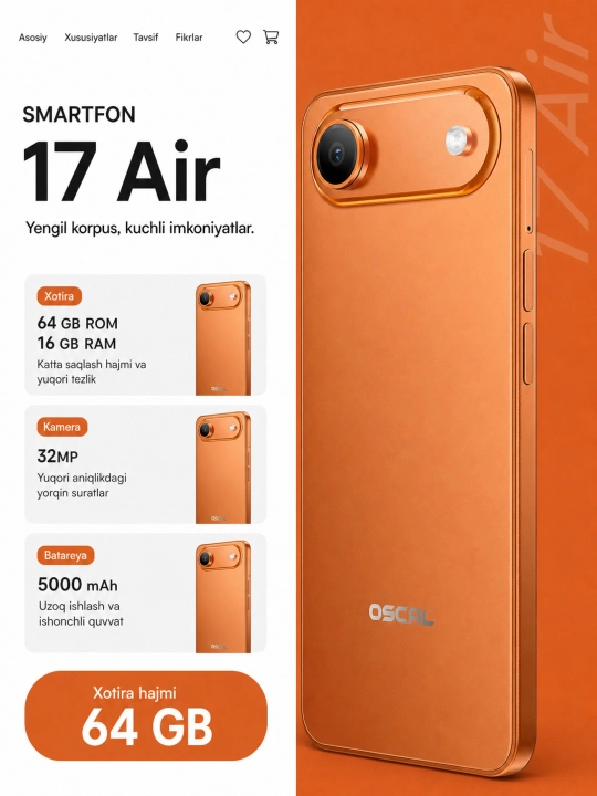 Smartfon 17 Air oscal flat 3C, 16GB Ram 64GB Rom Ekran 6.56 120Hz, 5000 mAh, Android 16