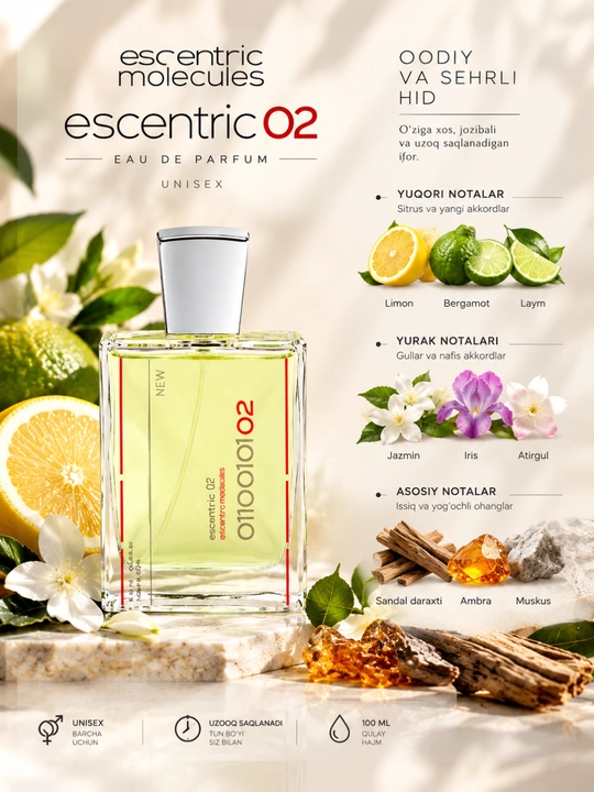 Esscentric 02 Moolecules — uniseks uchun zamonaviy molekulyar ifor, 100 ml