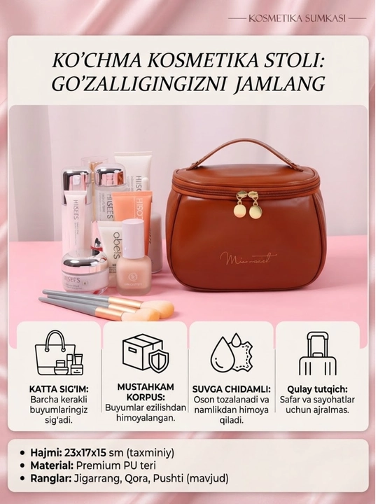 Ayollar uchun suv o‘tkazmaydigan zamonaviy kosmetika sumkasi-organayzer (20x14x12 sm)