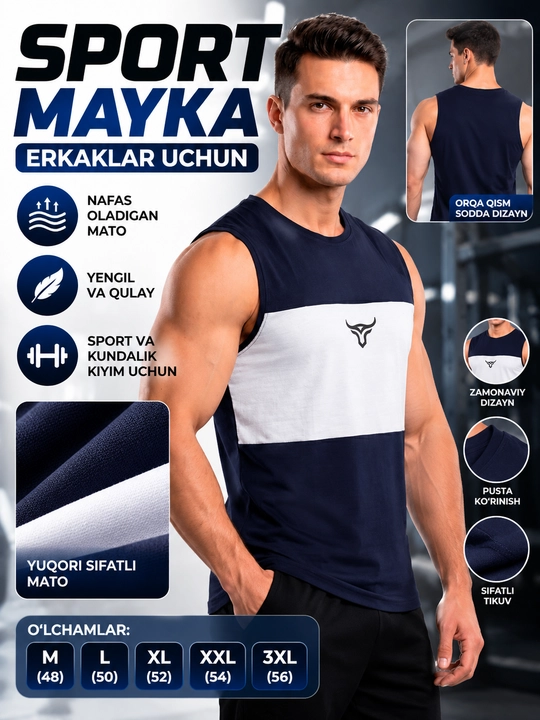 Erkaklar uchun sport maykasi, paxtadan — qora, sport, fitnes va mashg‘ulotlar uchun mayka - 
