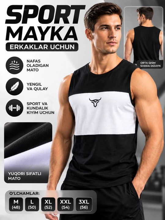 Erkaklar uchun sport maykasi, paxtadan — qora, sport, fitnes va mashg‘ulotlar uchun mayka - 