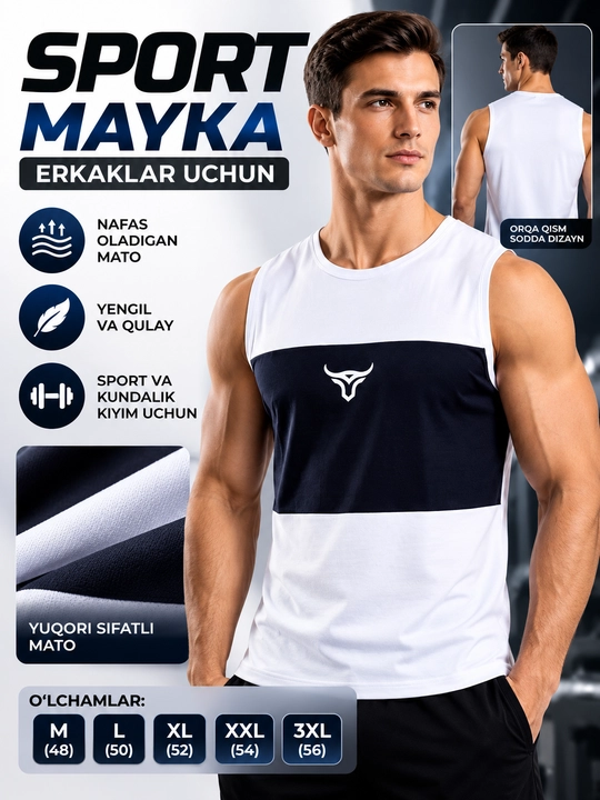 Erkaklar uchun sport maykasi, paxtadan — qora, sport, fitnes va mashg‘ulotlar uchun mayka - 