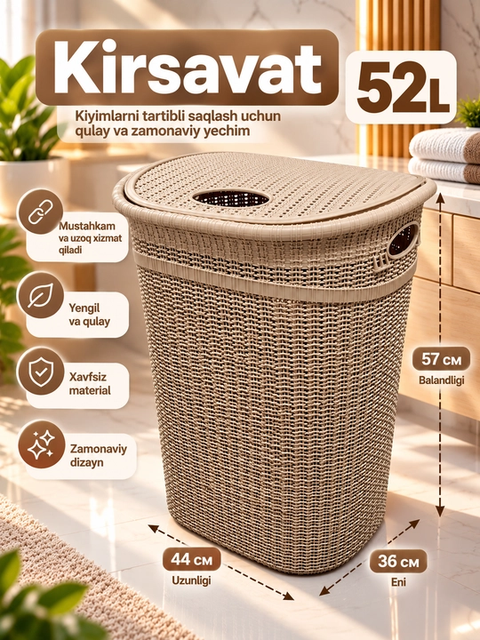 Kirsavat 52L, kir kiyimlar uchun savat, plastik kir savati, qopqoqli kiyim savati - 