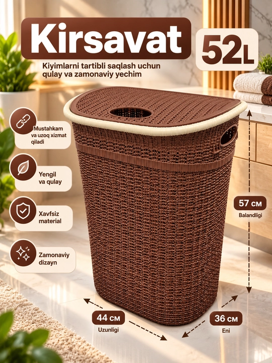 Kirsavat 52L, kir kiyimlar uchun savat, plastik kir savati, qopqoqli kiyim savati - 