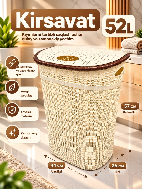 Kirsavat 52L, kir kiyimlar uchun savat, plastik kir savati, qopqoqli kiyim savati - 