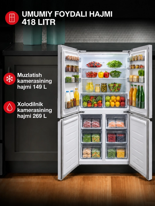 IMMER INOX sovutgichi, 418L, ko‘p eshikli, ikki kamerali, AI Inventer, No Frost