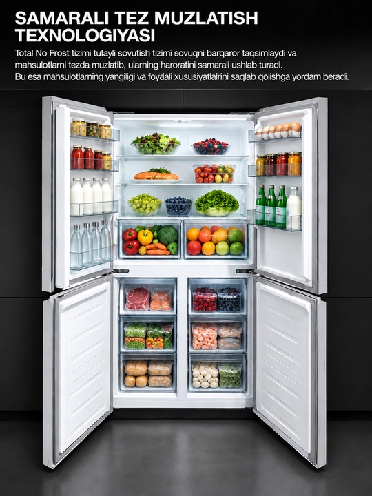 IMMER INOX sovutgichi, 418L, ko‘p eshikli, ikki kamerali, AI Inventer, No Frost