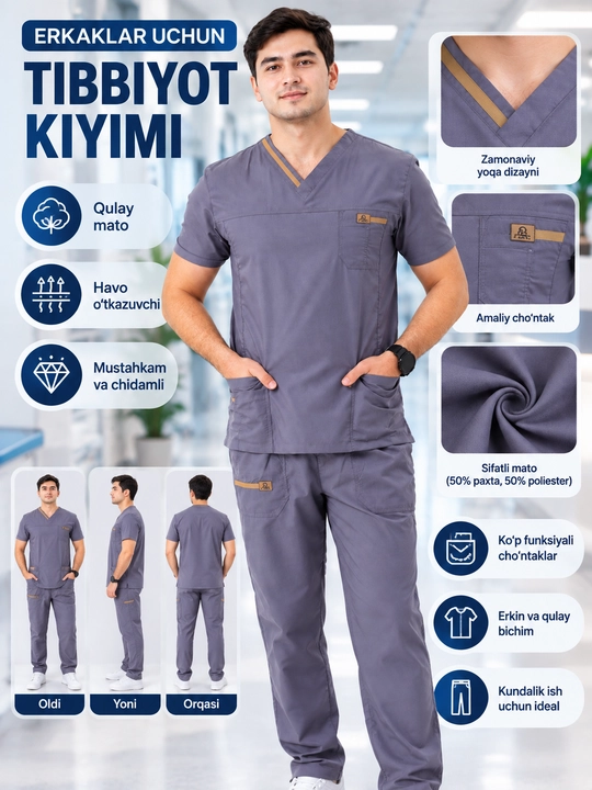 Erkaklar tibbiy kostyumi, kulrang, bluzka va shim