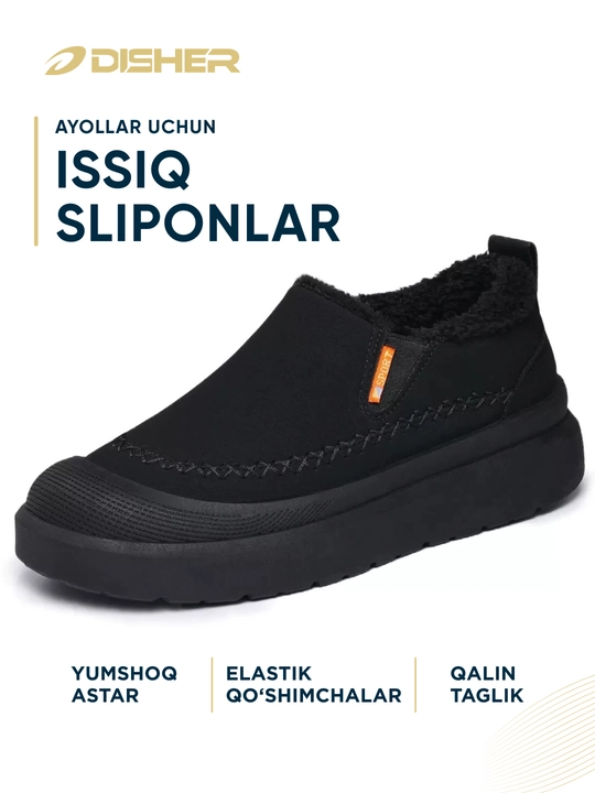Ayollar uchun CozyWalk issiq izolyatsiyalangan sliponi, bog‘ichsiz, qalin tagcharmli