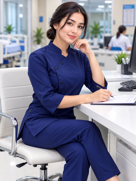 Ayollar uchun to‘q ko‘k rangli tibbiyot kiyimi, bluzka va shim