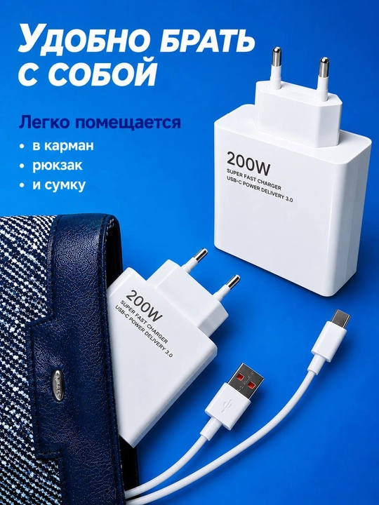 Type-C/USB kabeli bilan tez quvvatlash qurilmasi, quvvati 33/67/120/150/200 Vt, 6A