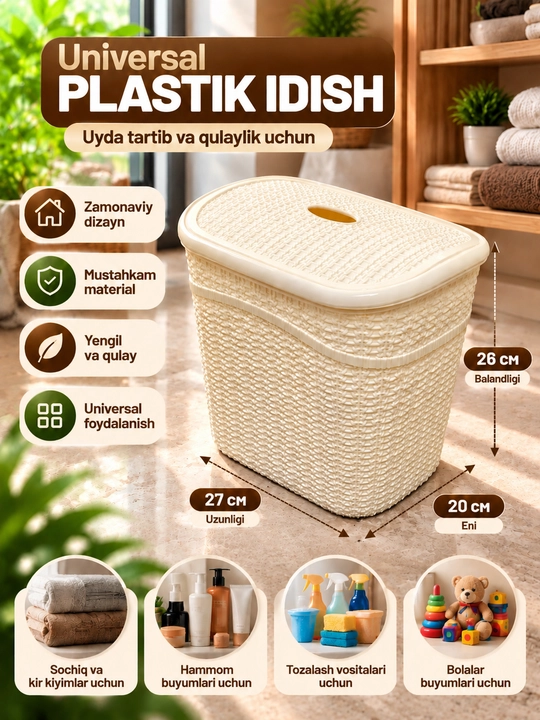 Universal plastik idish qopqoqli, saqlash savati, kir savat, uy uchun konteyner - 