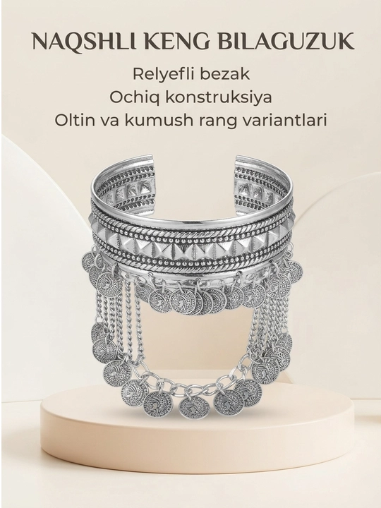Naqshli keng ayollar bilaguzugi, ochiq turdagi, oltin va kumush rang