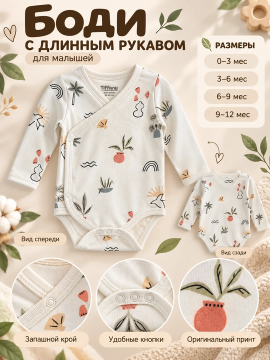Yangi tug‘ilgan chaqaloqlar uchun uzun yengli va bosma naqshli Tiffany Baby "Sunny Garden" bodi - 