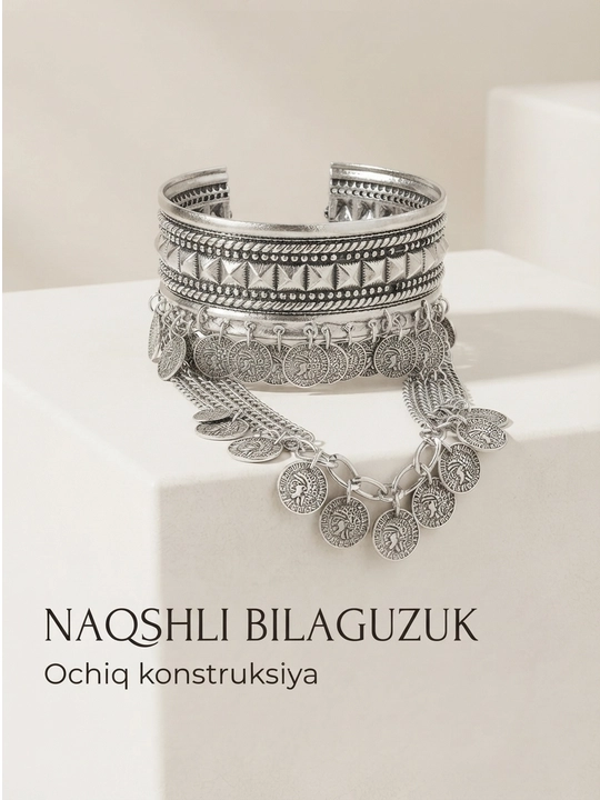 Naqshli keng ayollar bilaguzugi, ochiq turdagi, oltin va kumush rang