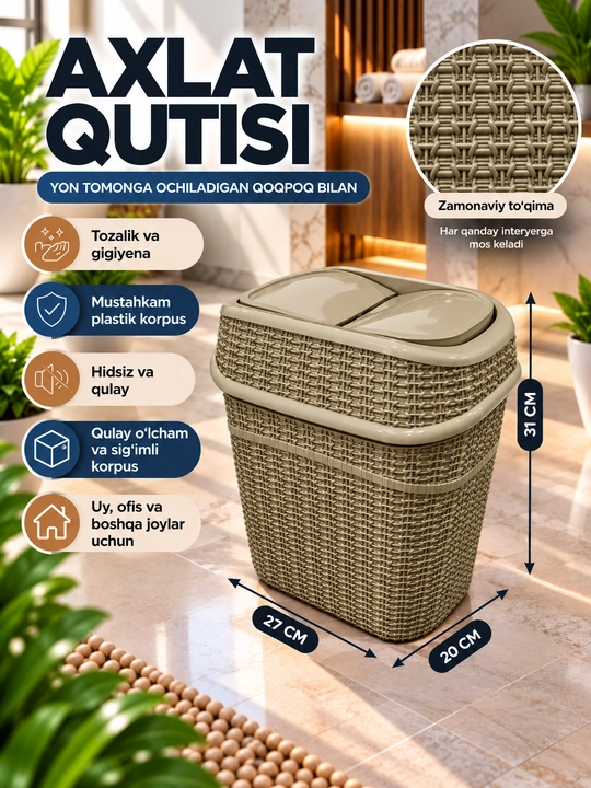 Axlat qutisi, chiqindi savati, plastik chelak, yopiladigan qopqoqli - 