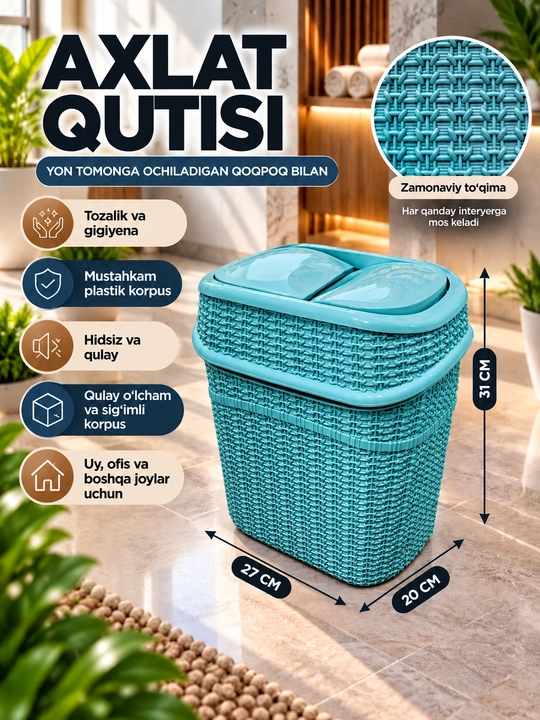 Axlat qutisi, chiqindi savati, plastik chelak, yopiladigan qopqoqli - 