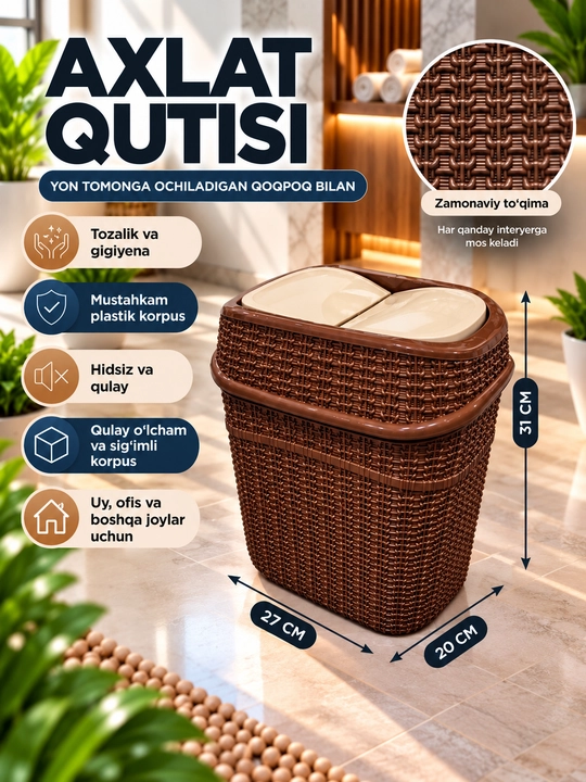 Axlat qutisi, chiqindi savati, plastik chelak, yopiladigan qopqoqli - 