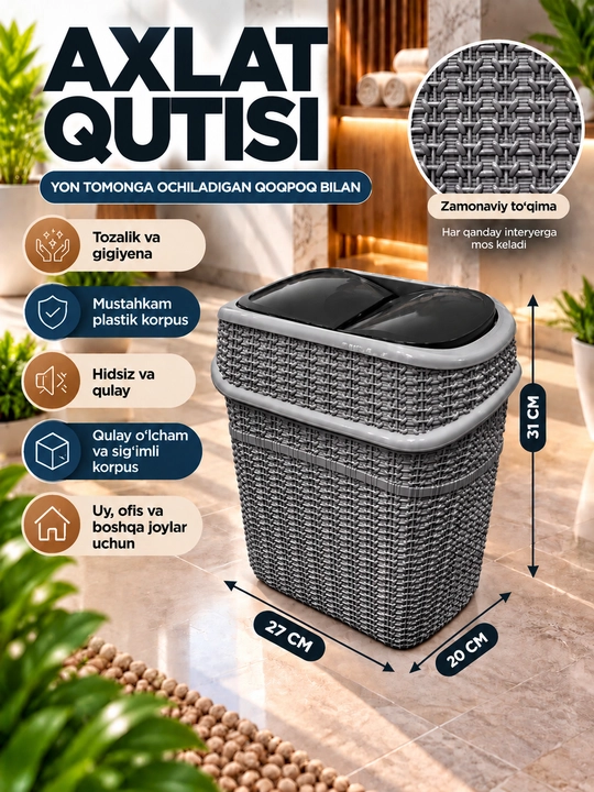 Axlat qutisi, chiqindi savati, plastik chelak, yopiladigan qopqoqli - 