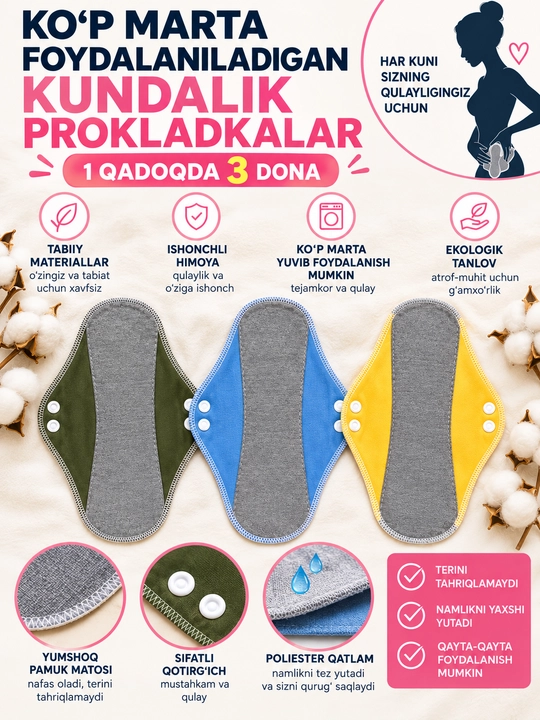 Paxtadan tayyorlangan ko‘p martalik kundalik prokladkalar. To'plamda 3 dona - 