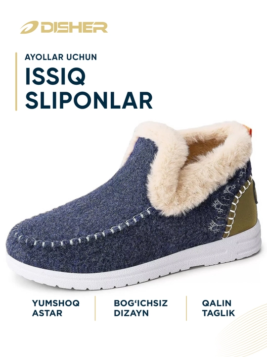 Ayollar uchun, DISHER WarmSlip qishki sliponlari, issiq va qulay (1 o‘lcham katta oling)
