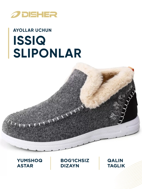 Ayollar uchun, DISHER WarmSlip qishki sliponlari, issiq va qulay (1 o‘lcham katta oling)