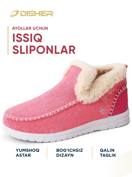 Ayollar uchun, DISHER WarmSlip qishki sliponlari, issiq va qulay (1 o‘lcham katta oling)
