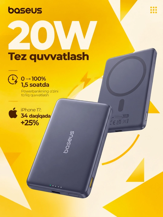 Baseus Mini MagSafe power bank 5000 mAh, iPhone uchun magnitli, USB-C 20W tez zaryadlash