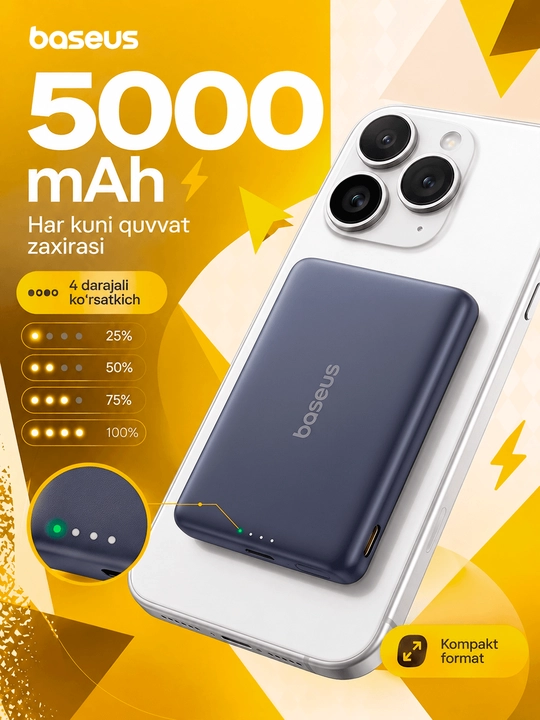 Baseus Mini MagSafe power bank 5000 mAh, iPhone uchun magnitli, USB-C 20W tez zaryadlash