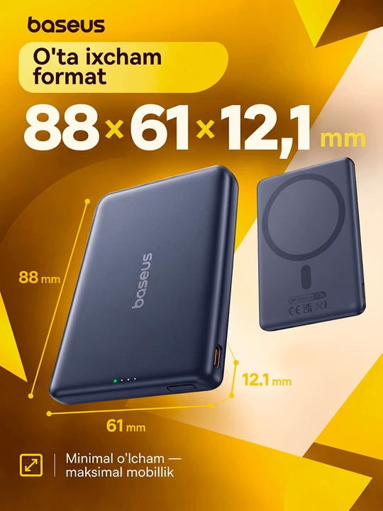 Baseus Mini MagSafe power bank 5000 mAh, iPhone uchun magnitli, USB-C 20W tez zaryadlash