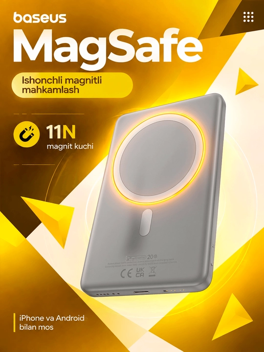 Baseus Mini MagSafe power bank 5000 mAh, iPhone uchun magnitli, USB-C 20W tez zaryadlash