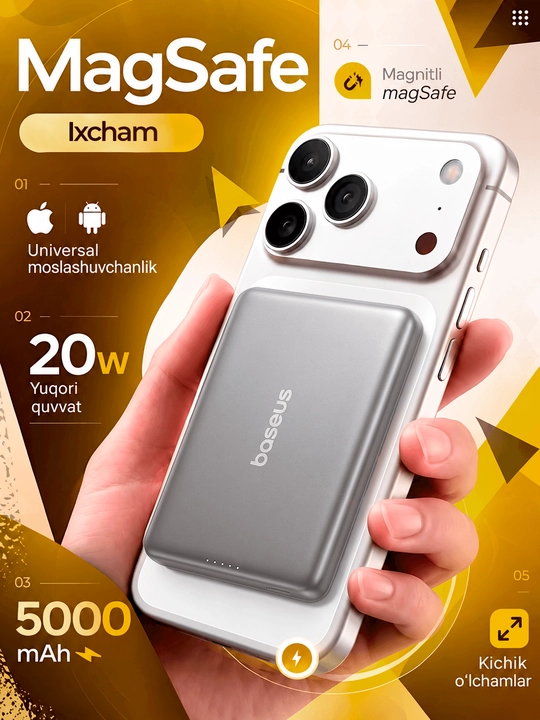 Baseus Mini MagSafe power bank 5000 mAh, iPhone uchun magnitli, USB-C 20W tez zaryadlash - 
