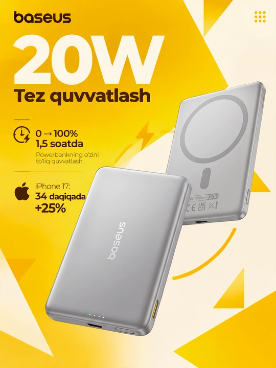 Baseus Mini MagSafe power bank 5000 mAh, iPhone uchun magnitli, USB-C 20W tez zaryadlash