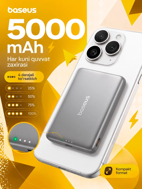 Baseus Mini MagSafe power bank 5000 mAh, iPhone uchun magnitli, USB-C 20W tez zaryadlash