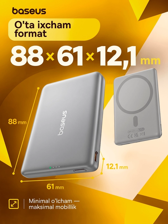 Baseus Mini MagSafe power bank 5000 mAh, iPhone uchun magnitli, USB-C 20W tez zaryadlash