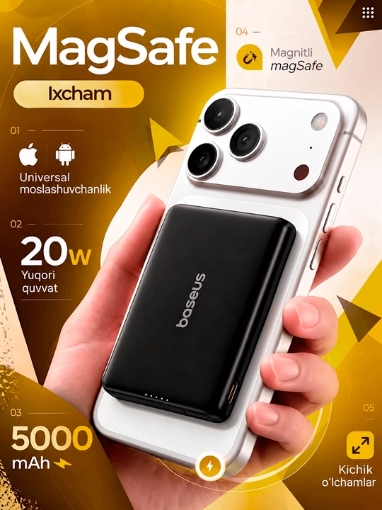 Baseus Mini MagSafe power bank 5000 mAh, iPhone uchun magnitli, USB-C 20W tez zaryadlash - 