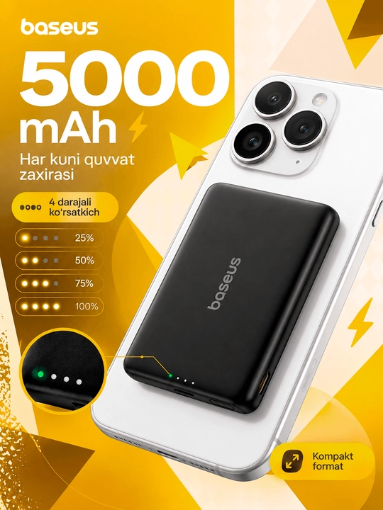 Мини MagSafe повербанк Baseus 5000 мАч для iPhone, магнитный, быстрая зарядка USB-C 20W