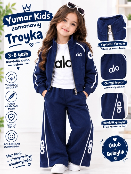 Qizlar uchun 3 qismli sport kostyumi, troyka, spartifka– olimpiyka, futbolka va shim