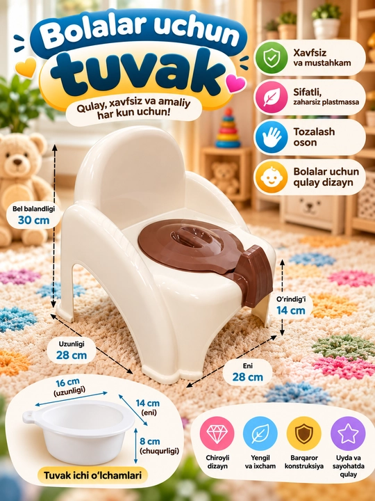 Bolalar uchun tuvak, bolalar gorshogi, plastik tuvak, qopqoqli tuvak, qulay va mustahkam - 