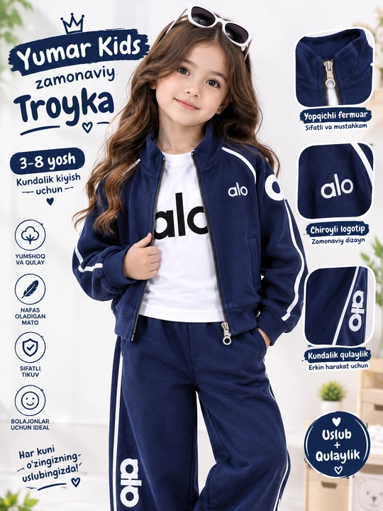 Qizlar uchun 3 qismli sport kostyumi, troyka, spartifka– olimpiyka, futbolka va shim