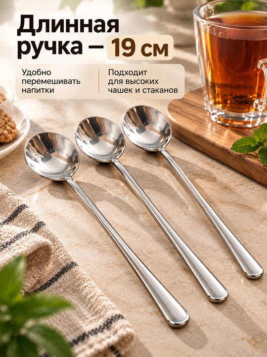 Uzun choy qoshig‘i zanglamaydigan po‘lat 19 sm, 1/2/3/6 dona