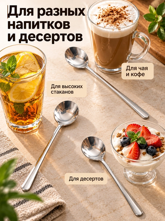 Uzun choy qoshig‘i zanglamaydigan po‘lat 19 sm, 1/2/3/6 dona