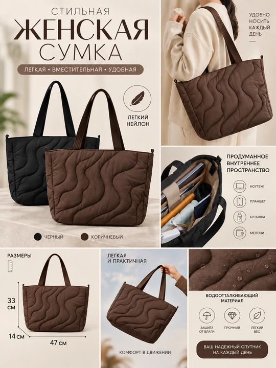 Женская сумка-шоппер на плечо из нейлона, вместительная, 47×33×14 см